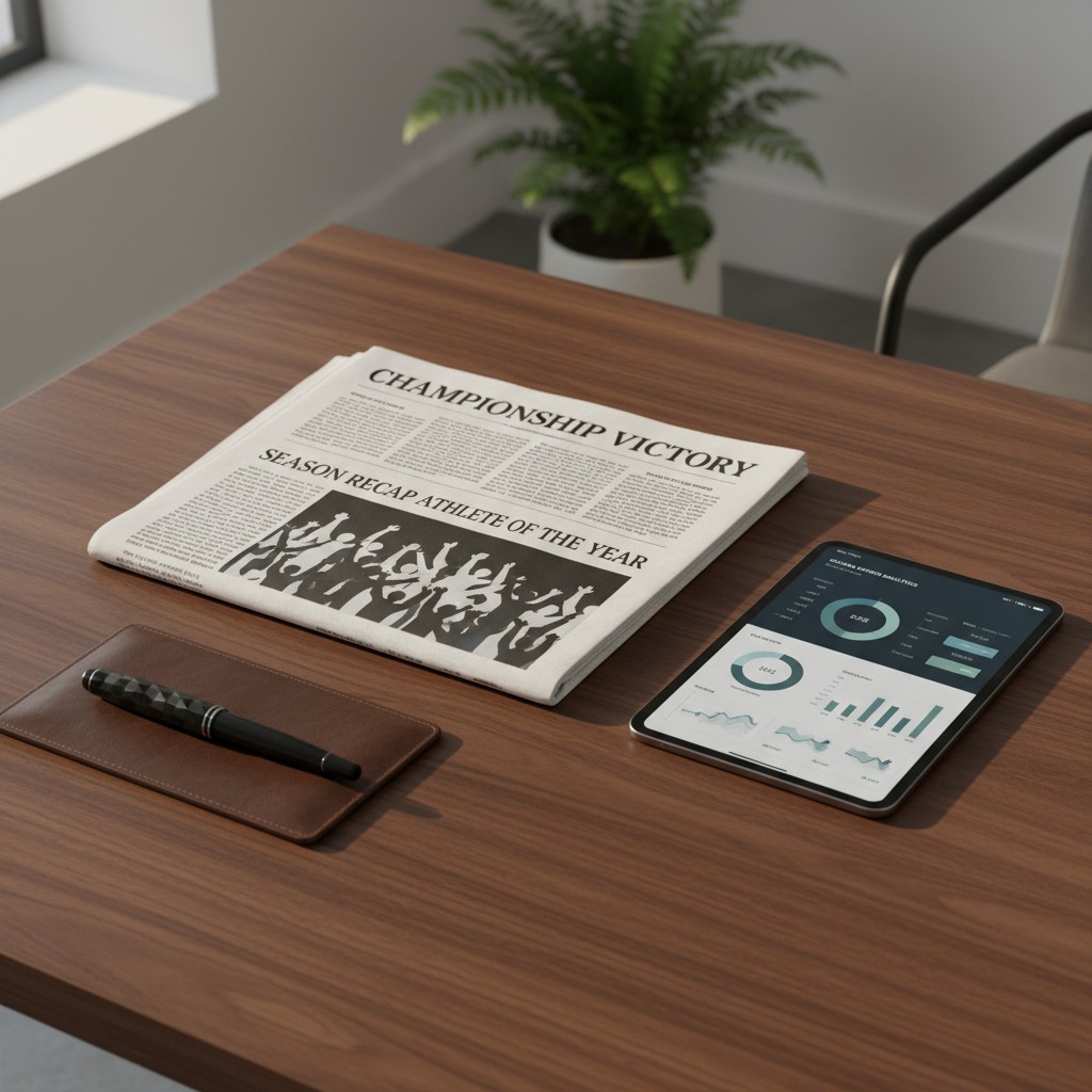 Un bureau avec un journal au titre "Championship Victory", unacağını factuat et une tablette ) avec un site web de formation.